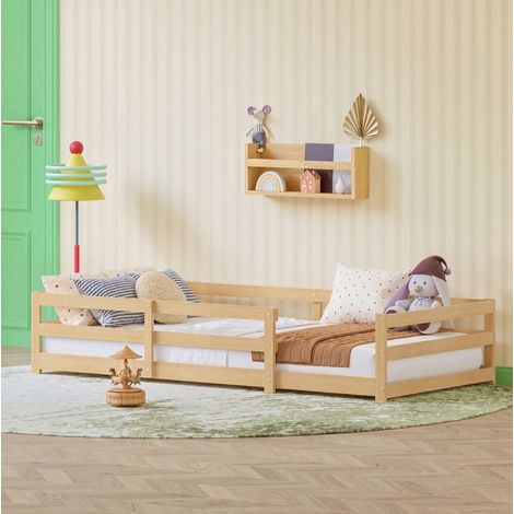 Bett Montessori Bodenbett aus Kiefer Massivholz Natur 90x200 cm mit 4-seitiger Sicherheitsumrandung und Lattenrost
