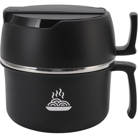 Boîte-repas en acier inoxydable double couche pour nouilles ramen, avec couvercle, poignée, fourchette et cuillère, idéale bureau et étudiants, couleur noire (1/5)
