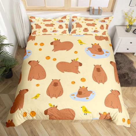 Housse de couette 155 x 220 cm marron pour tout-petits, adolescents, dessin animé, oiseau, capybara, oranges, parure de lit avec 1 taie d'oreiller (1/5)