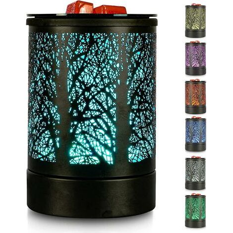 Lampe chauffante électrique à cire fondue LED – Design métal noir avec motif arbre – 7 couleurs changeantes – Éléments chauffants PTC