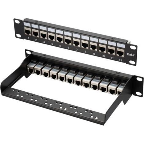 Panneau de brassage LAN Switch 12 ports Cat 7 10" Panneau de distribution blindé Montage en rack Montage serveur pour commutateur réseau Gigabit Bureau et montage mural Blindé (1/5)