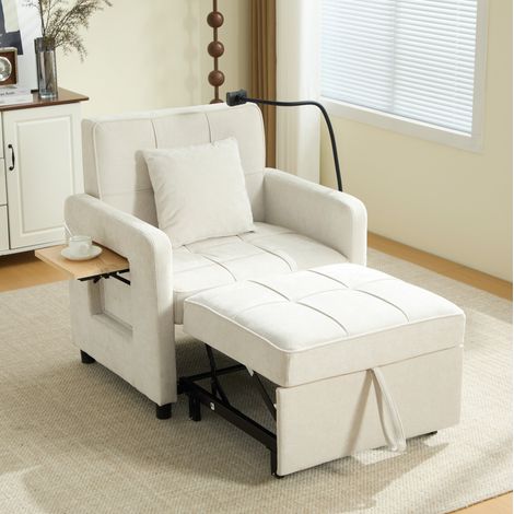 Schlafsessel 167x79x83 cm beige aus Chenille mit 5-fach verstellbarer Rückenlehne und Stauraum