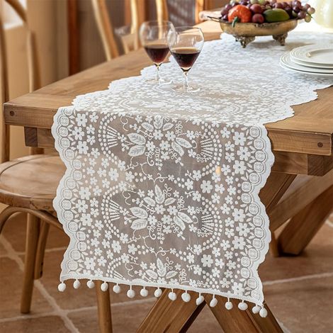 JSSEVN - White Lace Table Runner, Embroidered Floral Tablecloth for Wedding Party Decoration, Birthday Cake Decoration (1/5)