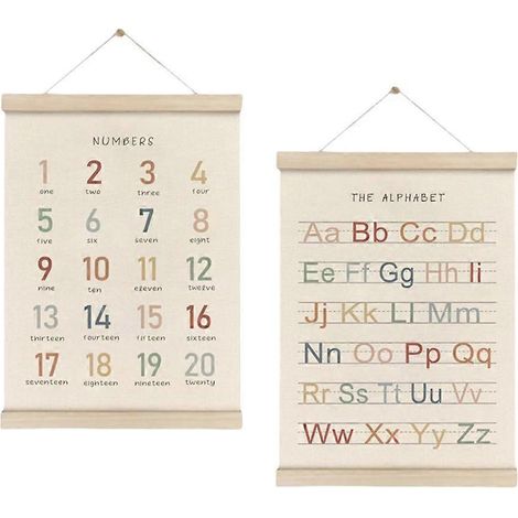 Lot de 2 posters muraux en bois avec alphabet et chiffres pour décoration chambre enfants, salle de jeux, crèche. (93 caractères) (1/4)