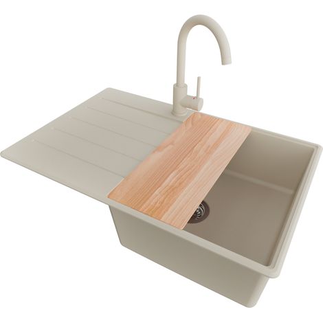 PRIMAGRAN Evier Cuisine en Granit 78x50cm, Lavabo 1 bac + Robinet 32x20cm + Kit de Vidage + Accessoire, Évier à Encastrer au meuble 50cm - Copenhague, Beige (1/5)