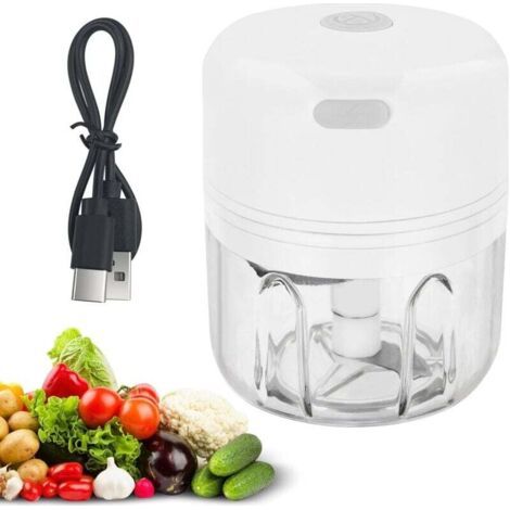 BUNTHAUS PA Tritatutto elettrico da 250 ml, ricaricabile tramite USB, mini portatile, con 3 lame in acciaio inossidabile per cipolle, aglio, carne, verdure e frutta (bianco) (1/4)