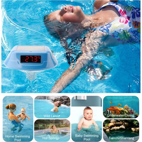Thermomètre pour Piscine Mode Dual Chargement Solaire Type-C LED Lumière RGB Timer IP68 Bleu (1/4)