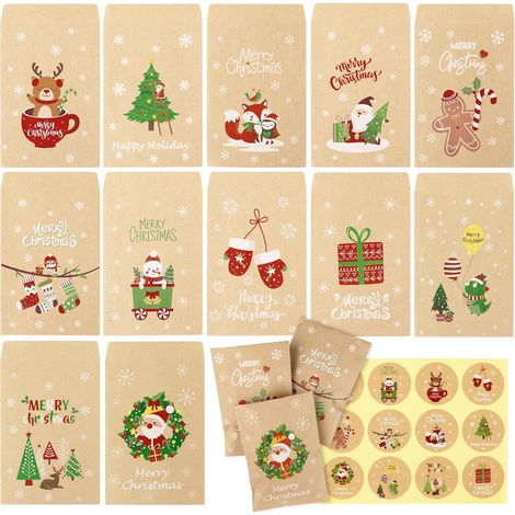 Lot de 48 mini enveloppes de Noël en papier kraft avec étiquettes, pour bonbons et petits cadeaux (1/5)