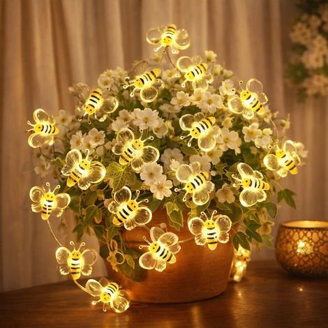 1 Guirlande lumineuse, 20 LED, motif abeilles, avec minuterie, 2 m, pour mariage, anniversaire