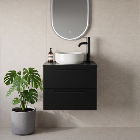 Napoli 390 Matt Black 600mm Wall Mounted 2 Drawer Vanity Unit for Countertop Basins - 600mm - Matt Black 320mm Handle