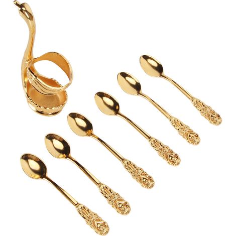Ensemble de 6 cuillères à café, cuillères en métal magnifiquement décorées avec base, adaptées aux desserts, glaces, gâteaux, couleur or. (1/5)
