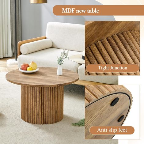 Table basse ronde 70 cm pour salon, design colonne cannelée, structure stable en MDF et métal, coloris bois (1/5)