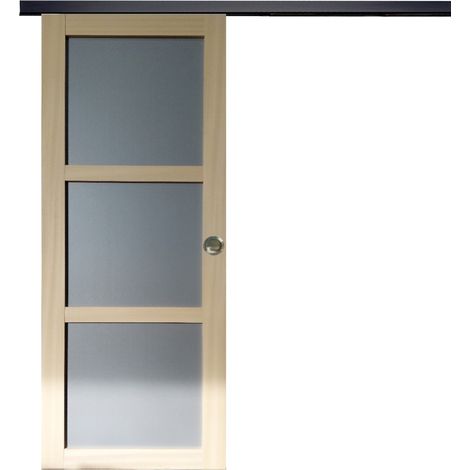 Puerta corredera de ayous de 3 paneles gris claro H204 x L73 cm, riel de aluminio con banda negra, conchas de GD MENUISERIES