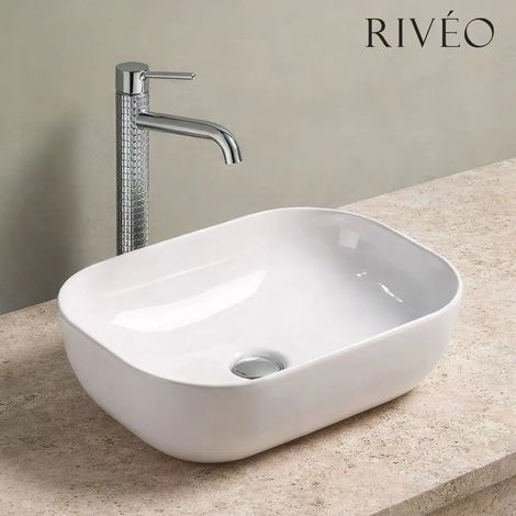 Riveo – Vasque à poser ovale blanche 45,5 × 32,5 × 13,5 cm – Avec bonde chromée (1/2)