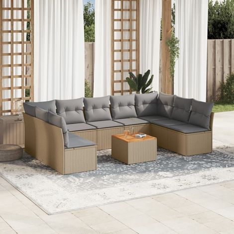 Juego de sofás jardín con cojines beige 10 pzas ratán sintético vidaXL (1/3)