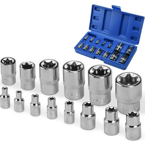 – Jeu de 14 douilles Torx E4 - E24 1/4' 3/8' 1/2' – Acier chrome vanadium – Pour visseuses à percussion – Coffret complet (1/5)