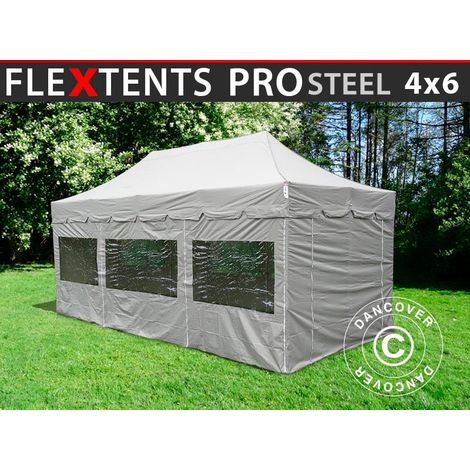 Pop up gazebo FleXtents PRO Steel "Peaked" 4x6 m Latte, incl. 8 sidewalls