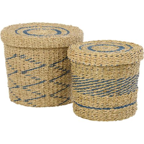 Lot de 2 Paniers de Rangement "Seann" 32cm Naturel & Bleu (1/3)