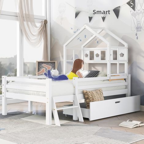 Letto a soppalco per bambini 90x200 cm con scala e cassone, struttura in legno massello e protezione anticaduta, per camera dei ragazzi, colore bianco (1/5)