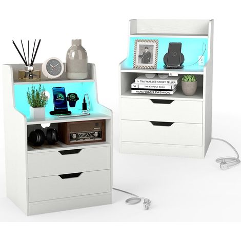COSTWAY Table de Chevet avec Prise Intégrée, Table de Nuit LED, 2 Prises, Port USB, Type-C, 2 Tiroirs, Étagère Ouverte, Chevet de Lit Moderne pour Salon, Chambre, Blanc/Noir (2,Blanc) (1/5)