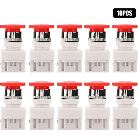 Lot de 10 interrupteurs à bouton-poussoir champignon autobloquants pour arrêt d'urgence, montage 22 mm, LAY37-01ZS, avec caractéristiques principales (1/5)