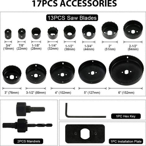 Kit de scies cloches, 17 pièces avec 13 lames, 2 mandrins, 1 plaque d'installation, clé hexagonale, taille maximale 152 mm et minimale 19 mm, idéal pour le perçage de bois tendre, de panneaux e (1/5)