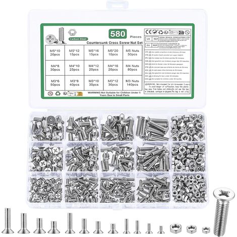 580 Pcs Vis M3 M4 M5, Vis Boulon et Écrous Boulons vis à Tête Plate Cruciforme et Écrous, Visserie Boulon à Tête Cruciforme avec Ecrous(Argent)