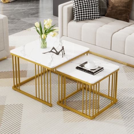 Set 2 tavolini bassi quadrati impilabili 60/45 cm MDF bianco marmo HAVRYA (1/5)