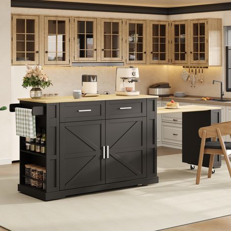 Modernluxe - Îlot central de cuisine mobile - table à manger extensible - 2 portes et 2 tiroirs - prise de courant et 7 roulettes - Noir (1/5)