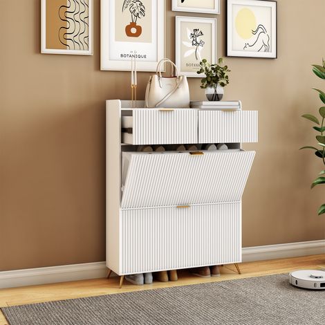 Tanant – Meuble à chaussures blanc avec 2 tiroirs et 2 étagères – Structure en bois et métal – Design moderne avec poignées dorées – Dimensions 80x24x110 cm (1/5)