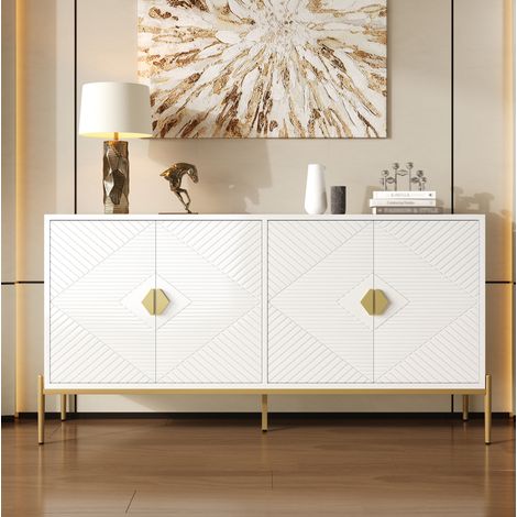 Credenza bianca da soggiorno con 4 ante, motivo geometrico, maniglie dorate e gambe in metallo (1/5)