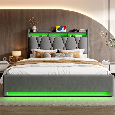 Letto a cassone adulti 160x200 cm con illuminazione LED, porta USB Type-C e testiera con vano portaoggetti integrato, senza materasso, grigio (1/5)
