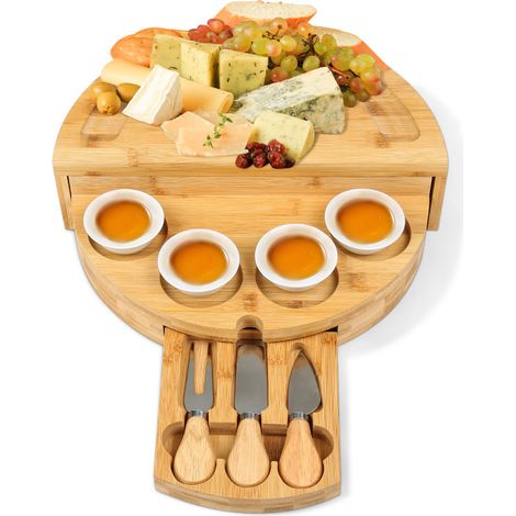 SWANEW Vassoio per formaggi rotondo Tagliere per formaggi in legno con set 2 coltelli e 1 forchetta per formaggio diametro 30 CM (1/5)