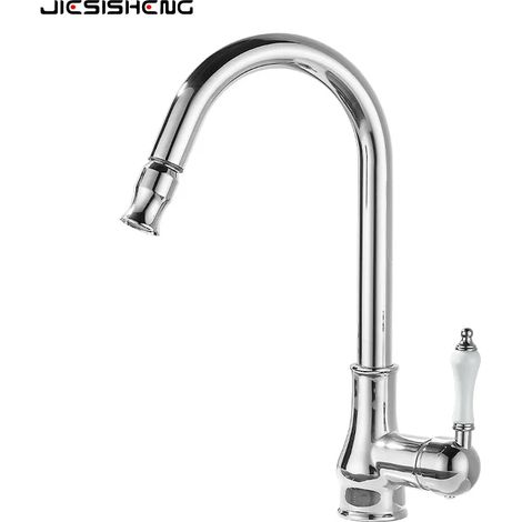 (Placage monomode) Robinet de cuisine en laiton antique avec bec extractible, mitigeur de cuisine pivotant noir à un trou pour eau chaude et froide (1/5)