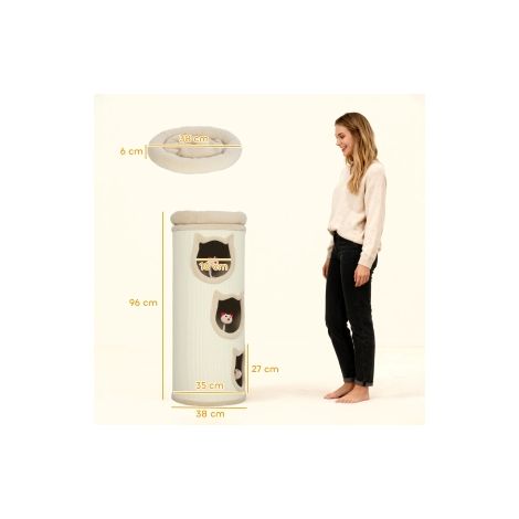 Tour à griffer pour chat, 96 cm, arbre à chat 4 niveaux avec panier lavable, 3 grottes de sommeil, jouet suspendu, pour plusieurs chats, gris (1/5)