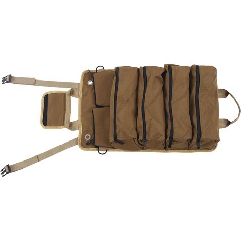 Sac à outils en tissu Oxford, portable et multifonctionnel, avec enrouleur de transport suspendu, idéal pour électricien, plombier et charpentier. Couleur kaki. (1/5)