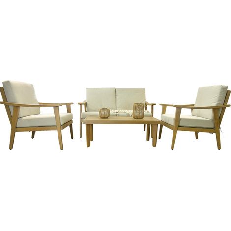 Gartenmöbel-Set ALBORA für 4 Personen aus Aluminium in Holzoptik mit beigen Kissen und Couchtisch
