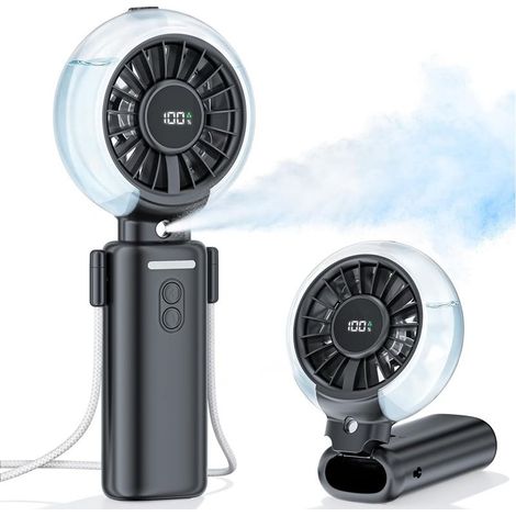 Mini Ventilateur Brumisateur Portable - 100 Vitesses Petit Ventilateur USB Rechargeable, 6000mAh 3-en-1 Fan Poche Pliable de Main, Bureau ou Cou avec Ecran LED, pour Extérieur, Voyage, Bureau (Noir)