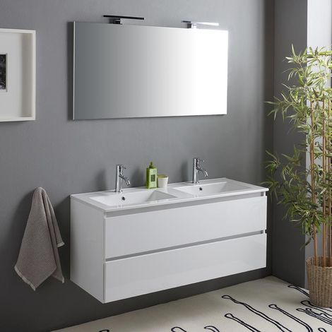 Kiamami Valentina – Meuble de salle de bain suspendu 120cm blanc brillant – Double lavabo en céramique – 2 tiroirs avec fermeture ralentie – Miroir 120x60 et 2 lampes (1/5)
