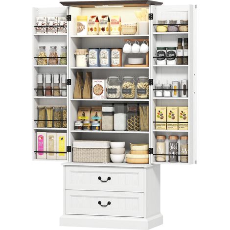 Hohes Küchenbuffet mit LED-Beleuchtung, Sensor, 2 Türen, Schubladen, verstellbaren Einlegeböden, 76 x 39,5 x 183 cm, weiß