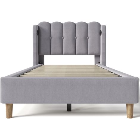 Cama individual tapizada gris 90 x 200 cm con USB-C y somier de láminas (1/5)