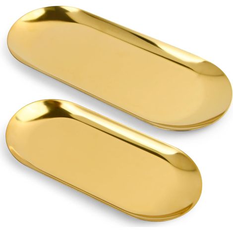 Lot de 2 Plateaux, Acier Inoxydable, Doré, Design Ovale, Rangement Bijoux, Cosmétiques, Salon (1/5)