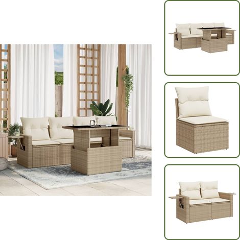 Salon de jardin avec coussins 5 pcs beige résine tressée - Ensemble Salon De Jardin - Meuble Extérieur - Résine Tressée - Rotin Synthétique - Table Extensible (1/5)