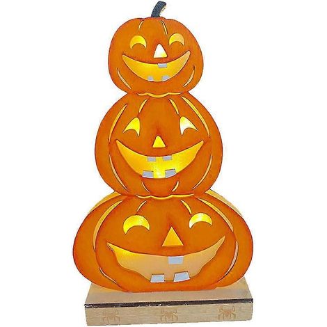 Cadeau lumineux LED en bois, citrouille grimaçante pour Halloween (1/3)