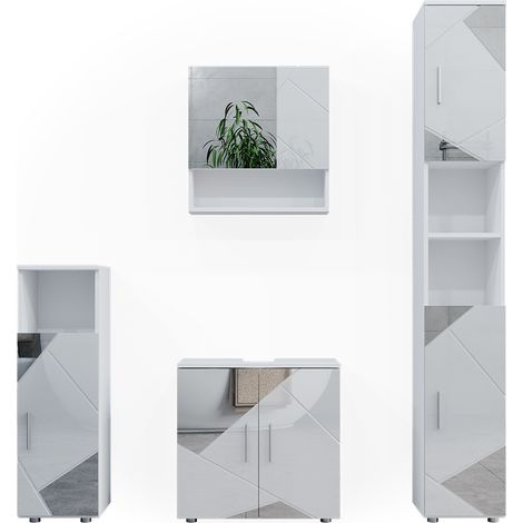 Ensemble de meubles de salle de bain Irma, Blanc brillant avec inserts, 4 pièces, avec armoire haute, Vicco