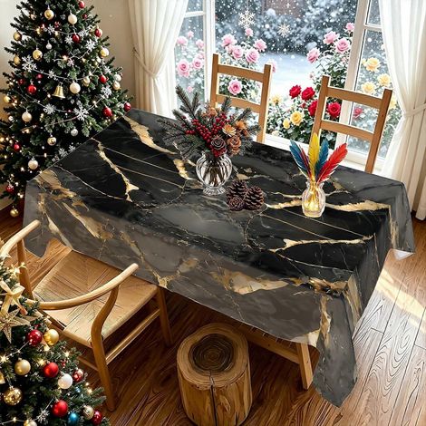Nappe de luxe 1 pièce, motif marbre craquelé noir et or, 2D, multi-tailles, décorative, idéale pour un dîner de Noël, une fête sur la terrasse ou en intérieur. (1/4)