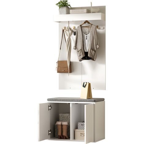 Vestiaire d'entrée 3 en 1 avec banc à chaussures, meuble à chaussures 2 portes, portemanteau 4 crochets, gain de place pour petit couloir blanc – CHICFURN (1/5)