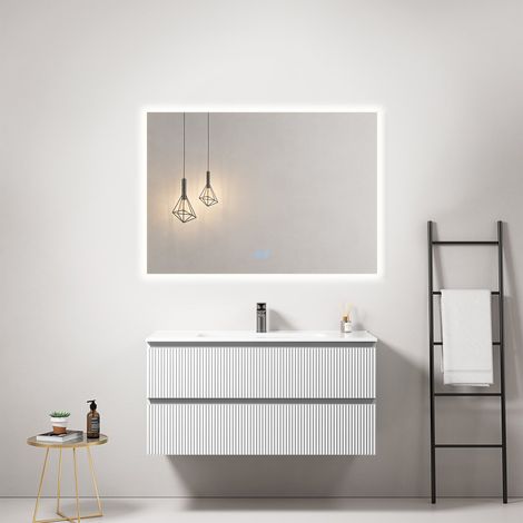 Mobile bagno sospeso cannettato 100 cm Bianco Lavabo in Ceramica Specchio Quadro Retroilluminato - Fiji Paint (1/3)