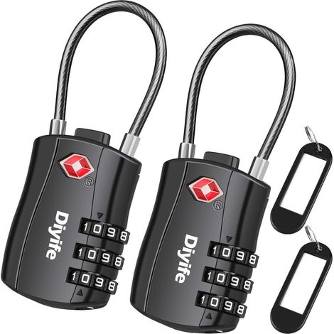 Cadenas de bagage TSA 2 pièces, serrure à combinaison 3 chiffres, robuste, noir