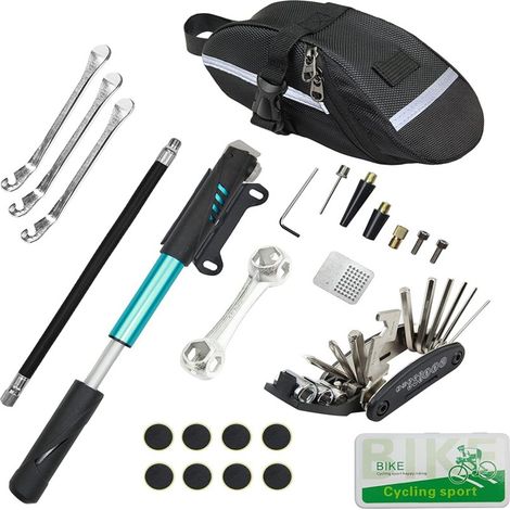 Kit de réparation de chambre à air de vélo, comprenant : rustine, pompe, film de réparation, colle et outils. (1/5)